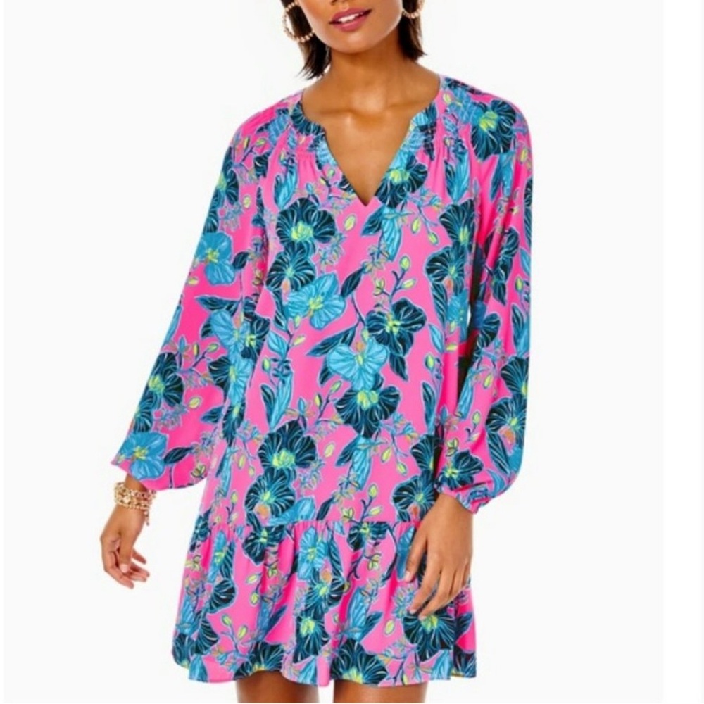 Lilly Pulitzer Lucee pink polyester dress with ruffle hem. M